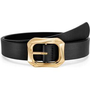 Leather Belt – Gold Square Buckle Adjustable Fashion Belt for Jeans, Dresses